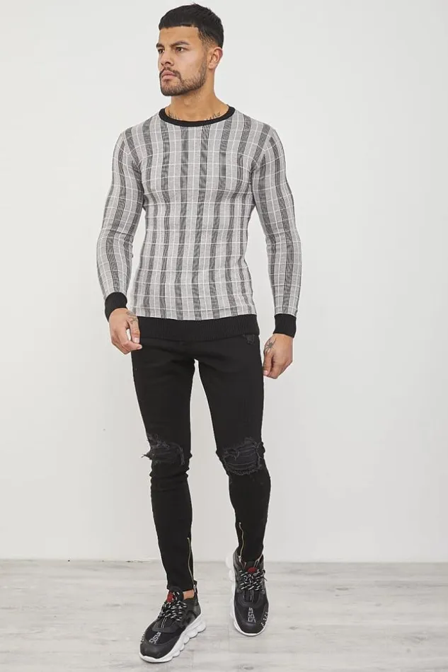 Men Gray Check Print Sweater Grey Brentiny Paris Sweatshirts and Pullovers