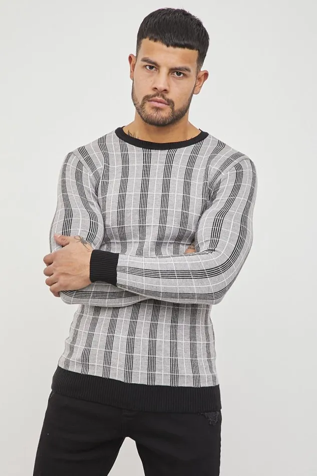 Men Gray Check Print Sweater Grey Brentiny Paris Sweatshirts and Pullovers