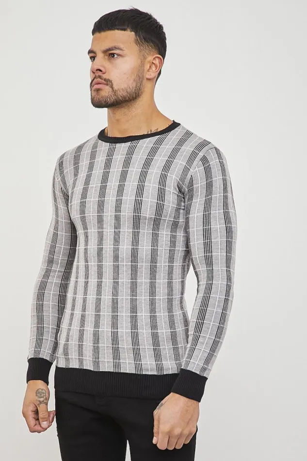 Men Gray Check Print Sweater Grey Brentiny Paris Sweatshirts and Pullovers