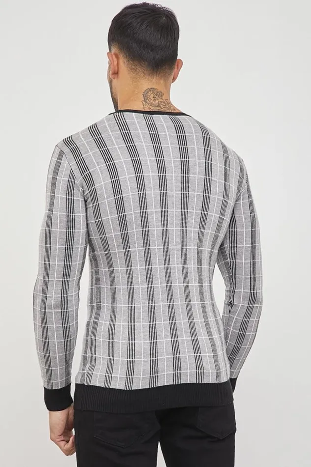 Men Gray Check Print Sweater Grey Brentiny Paris Sweatshirts and Pullovers