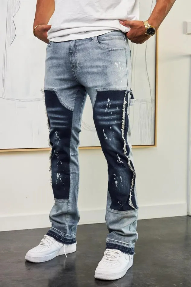 Men Jean Bleu Multiples Poches Taches Bleuclair Brentiny Paris Jeans
