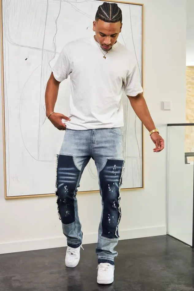Men Jean Bleu Multiples Poches Taches Bleuclair Brentiny Paris Jeans