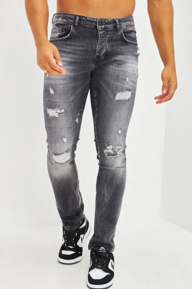 Men Jean Slim Effet Dchir Bleu Clair Black Brentiny Paris Jeans