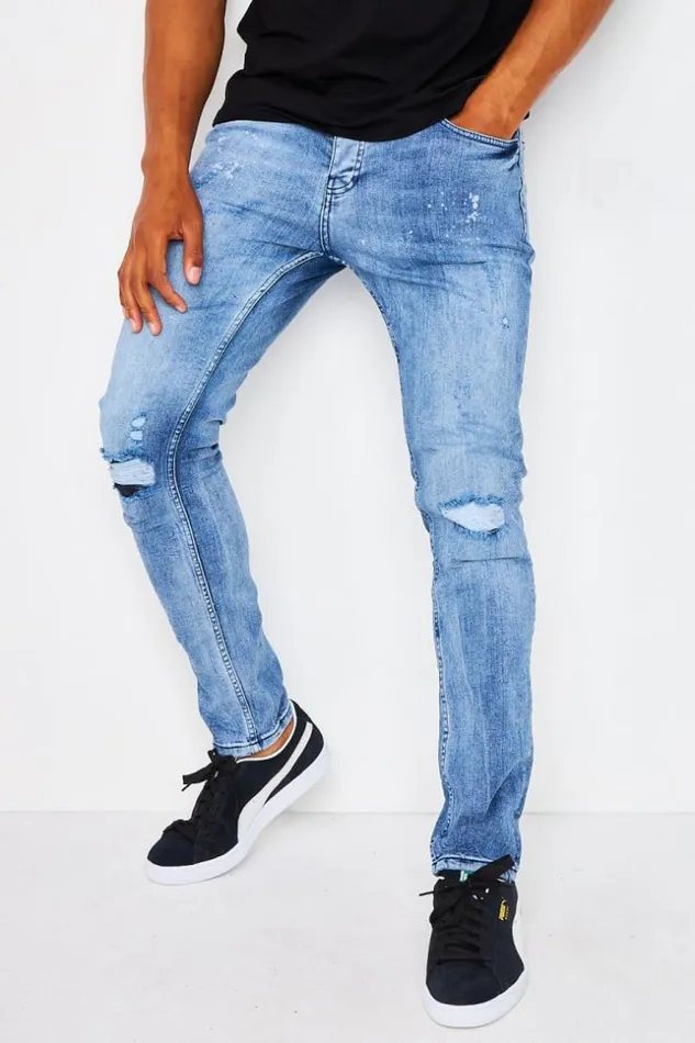 Men Jean With Rip Detail And Stains In Light Blue Project X 8211 Tp21067 Blue Brentiny Paris Jeans