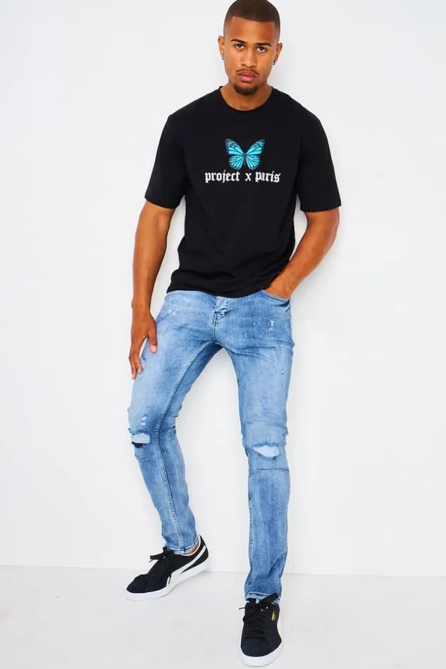 Men Jean With Rip Detail And Stains In Light Blue Project X 8211 Tp21067 Blue Brentiny Paris Jeans