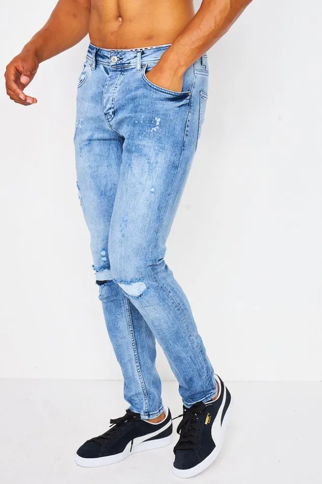 Men Jean With Rip Detail And Stains In Light Blue Project X 8211 Tp21067 Blue Brentiny Paris Jeans