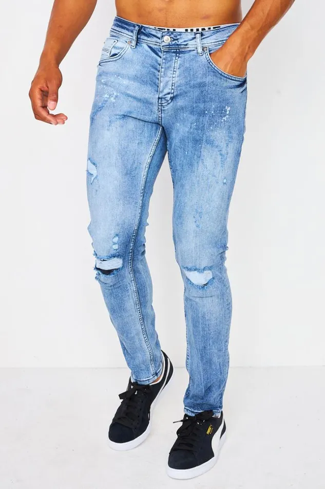 Men Jean With Rip Detail And Stains In Light Blue Project X 8211 Tp21067 Blue Brentiny Paris Jeans