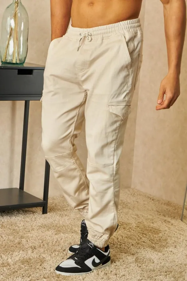 Men Joggerpant Beige Clair Poches Cargo Beige Brentiny Paris Jeans