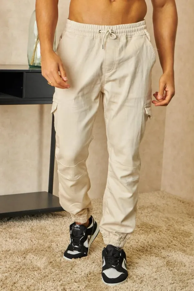 Men Joggerpant Beige Clair Poches Cargo Beige Brentiny Paris Jeans