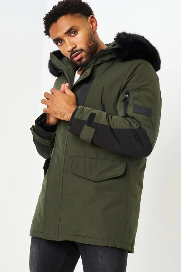 Men Parka Kaki Capuche Avec Fourrure Noire Khaki Brentiny Paris Parkas And Down Jackets