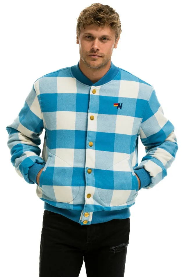 Men PLAID UNISEX VARSITY JACKET 8211 SKY PLAID Aviator Nation Outerwear Men PLAID UNISEX VARSITY JACKET 8211 SKY PLAID Aviator Nation Outerwear