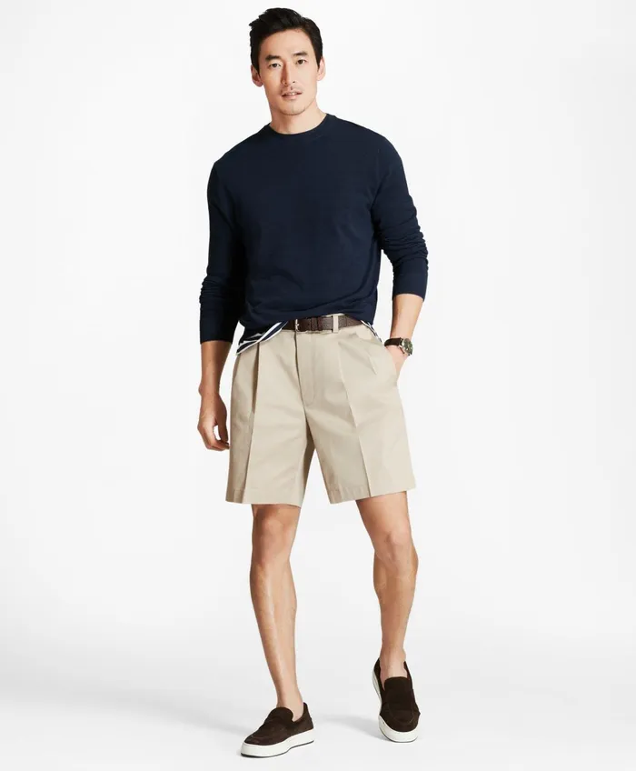 Men Pleat Front Stretch Advantage Chino Shorts Khaki Brooks Brothers Shorts and Swimwear
