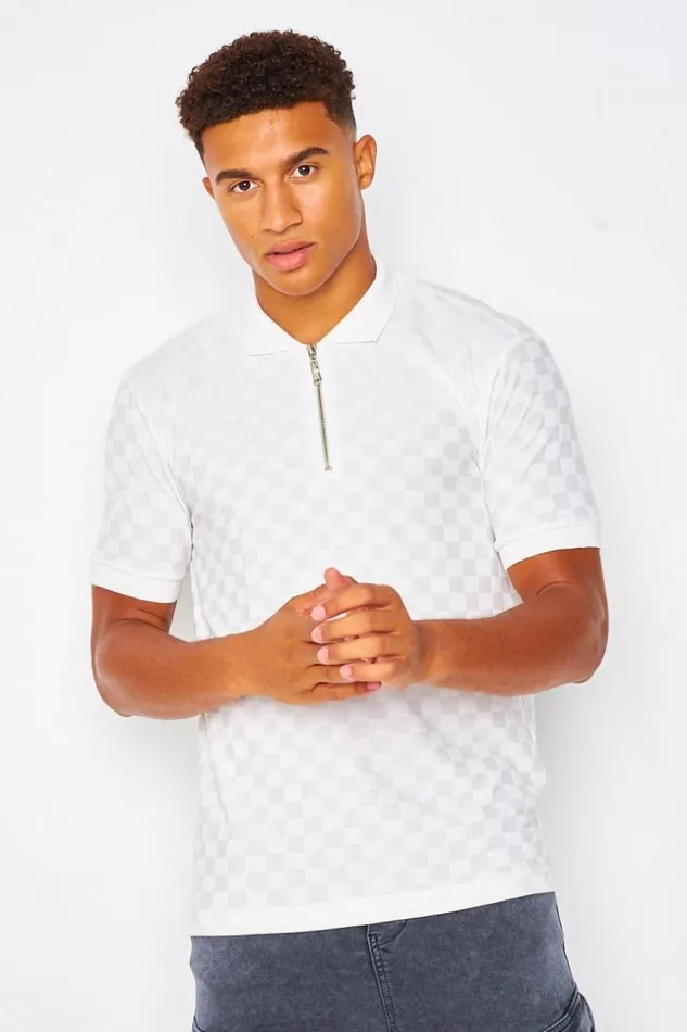 Men Polo TShirt In White With Checkerboard Print White Brentiny Paris Polo Shirts