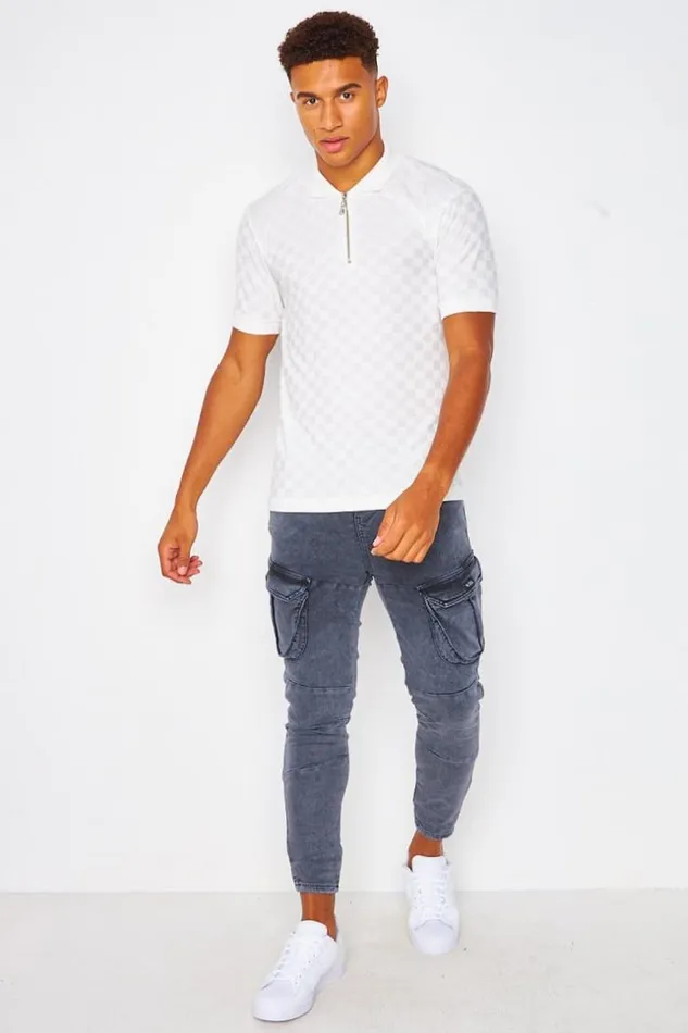 Men Polo TShirt In White With Checkerboard Print White Brentiny Paris Polo Shirts