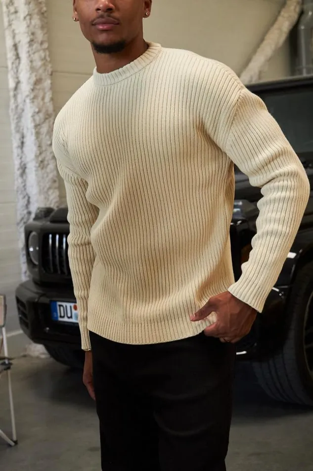 Men Pull Beige En Maille Col Rond Beige Brentiny Paris Sweatshirts and Pullovers