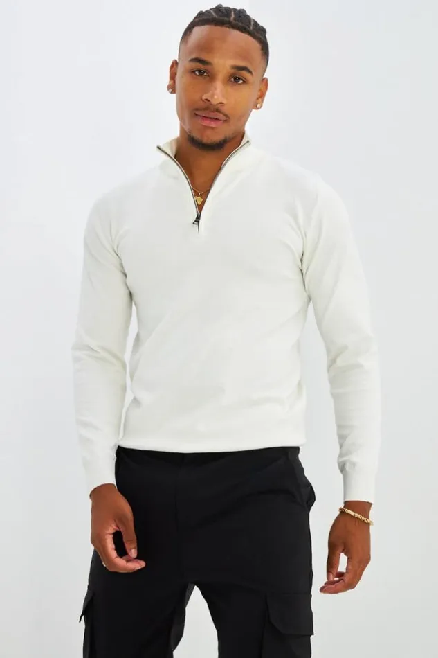 Men Pull Blanc Col Zipp White Brentiny Paris Sweatshirts and Pullovers