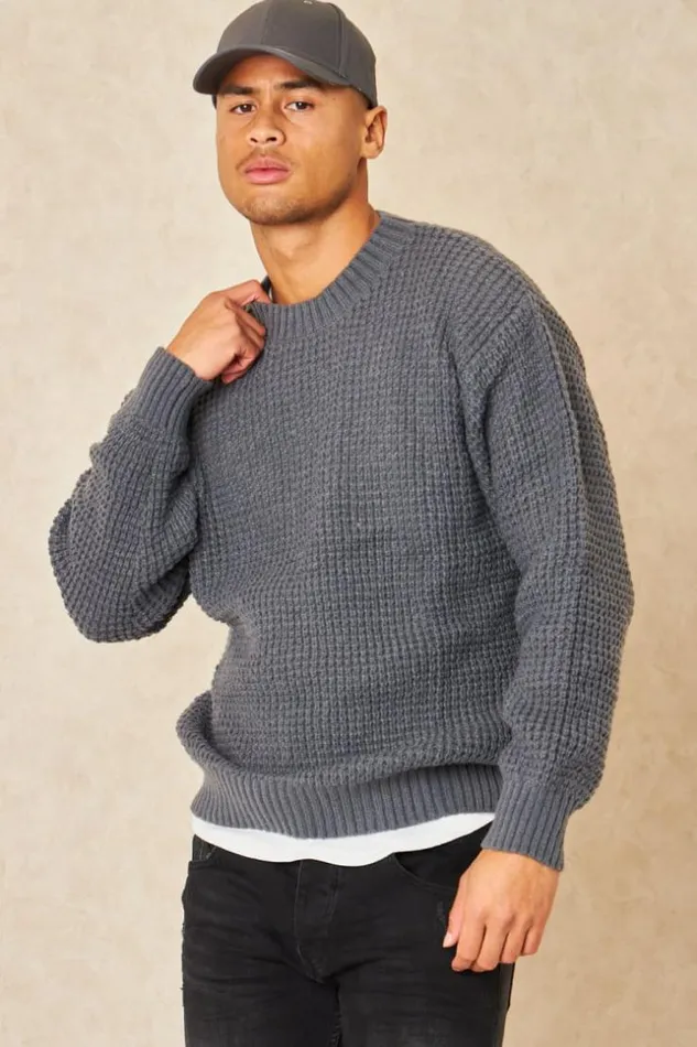Men Pull Gris Col Rond Aspect Crochet Grey Brentiny Paris Sweatshirts and Pullovers