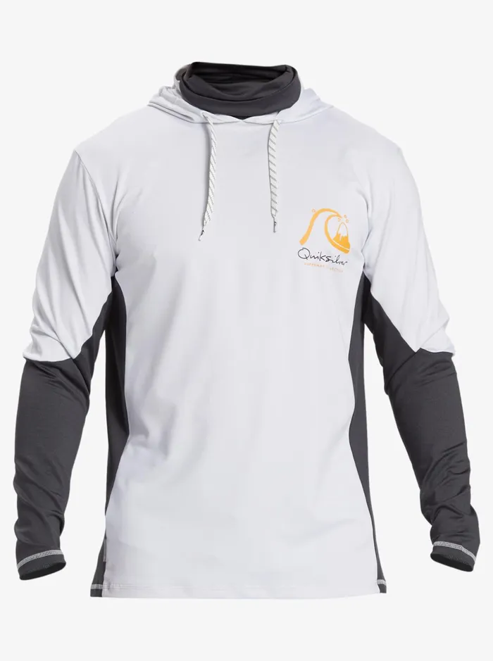 Men Quiksilver Rashguards Waterman Angler Hooded UPF 50 Long Sleeve Surf Tee White