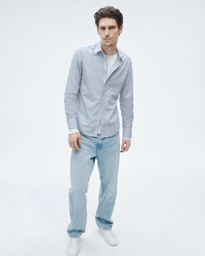 Men Rag and Bone Shirts Tomlin Cotton Oxford Shirt Light Blue Stripe