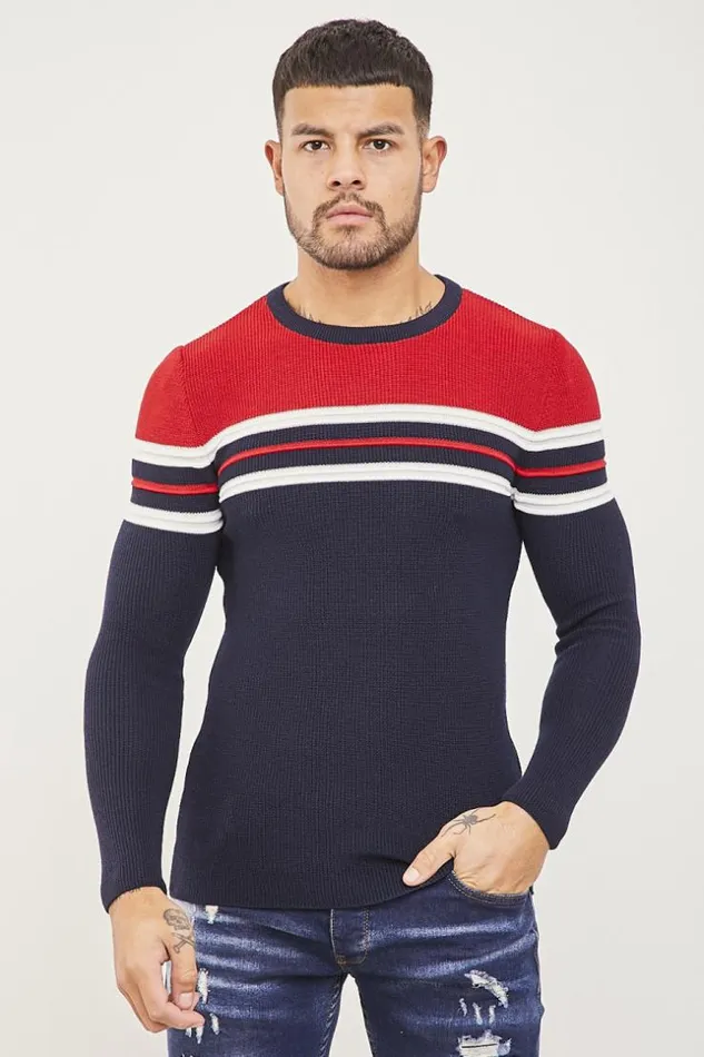 Men Red Blue Striped Sweater Red Brentiny Paris Sweatshirts and Pullovers