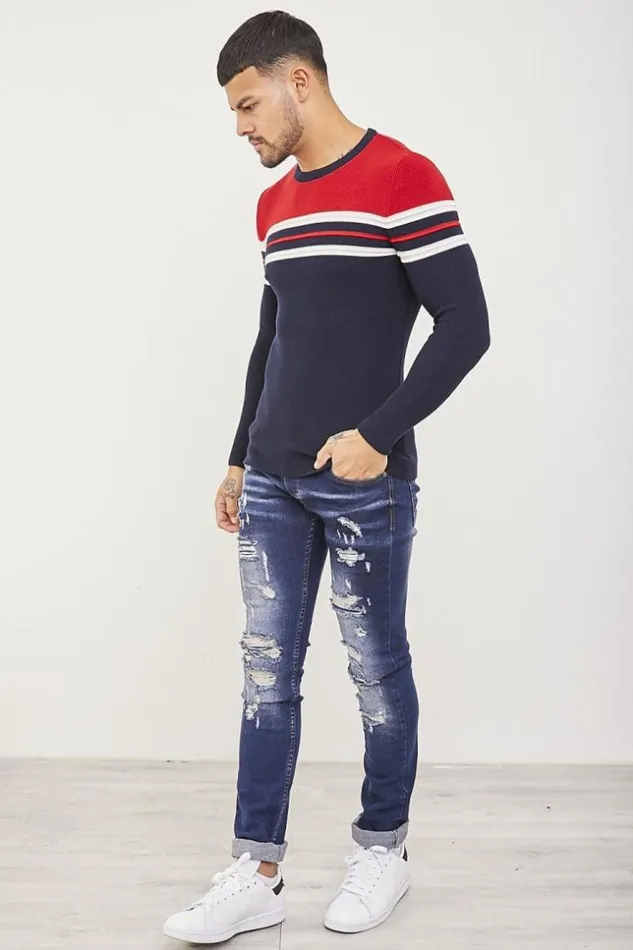 Men Red Blue Striped Sweater Red Brentiny Paris Sweatshirts and Pullovers