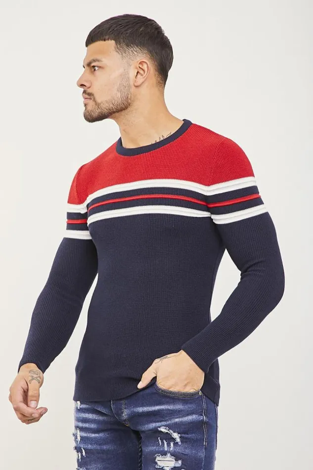 Men Red Blue Striped Sweater Red Brentiny Paris Sweatshirts and Pullovers