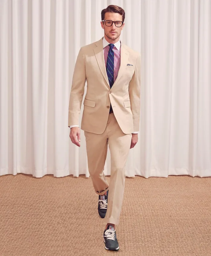 Men Regent Fit Cotton Stretch Suit Jacket Beige Brooks Brothers Suits