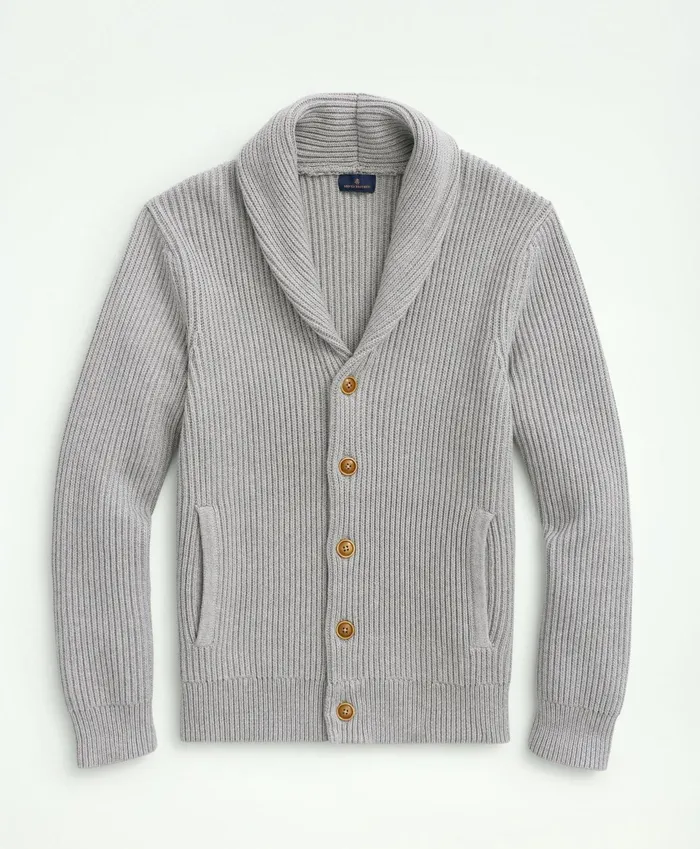 Men Ribbed Cotton Shawl Collar Cardigan Grey Heather Brooks Brothers Sweaters