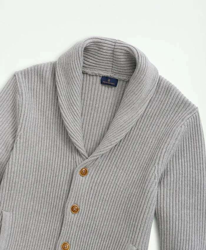 Men Ribbed Cotton Shawl Collar Cardigan Grey Heather Brooks Brothers Sweaters