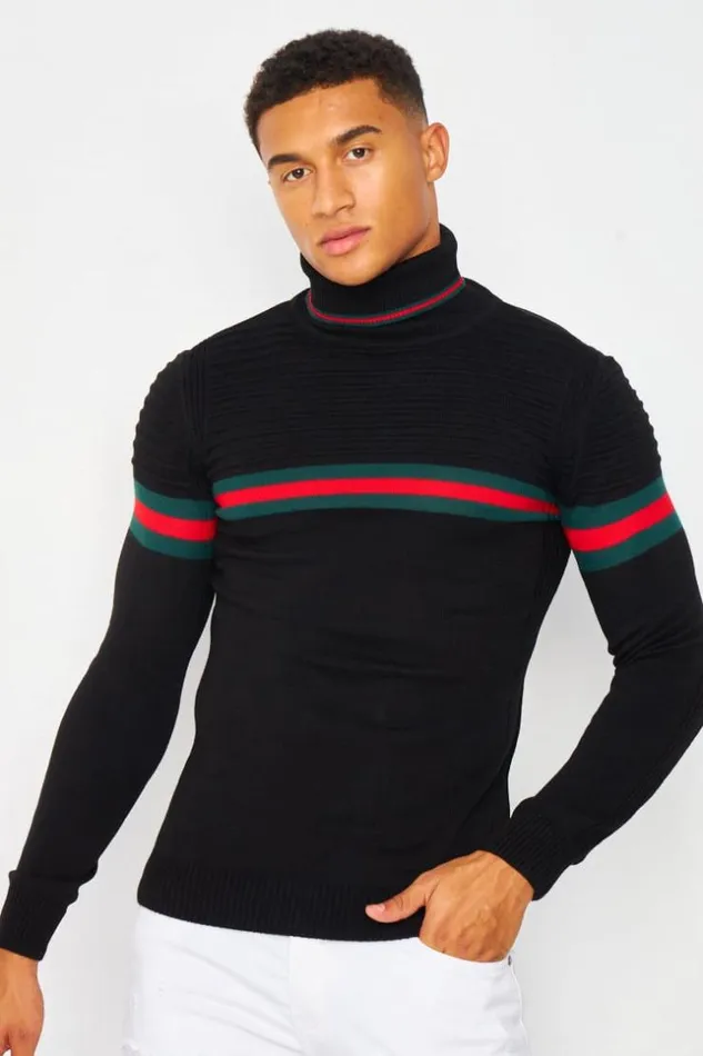 Men Roll Neck Jumper With Tricolour Stripe In Black Black Brentiny Paris Sweatshirts and Pullovers
