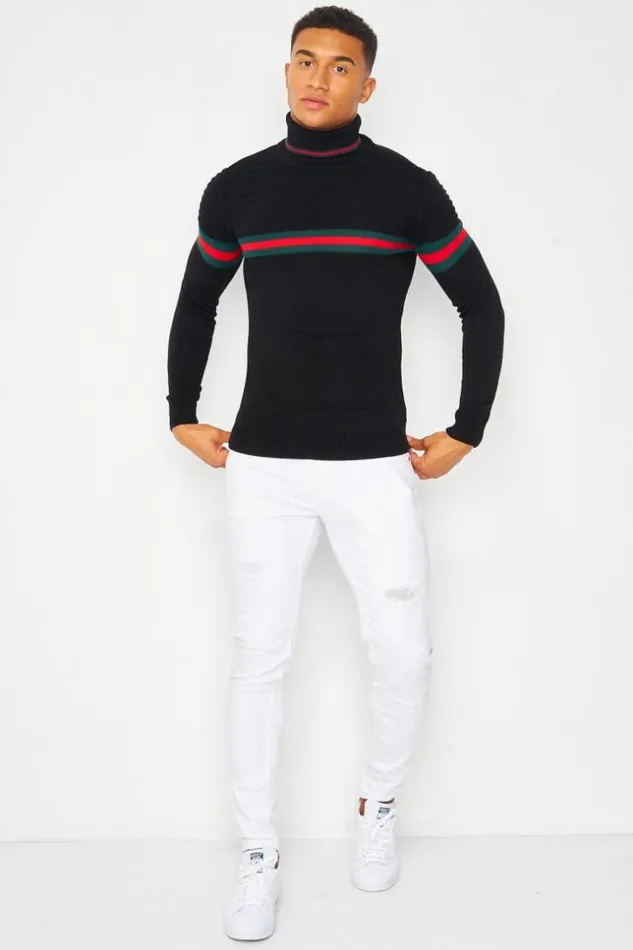 Men Roll Neck Jumper With Tricolour Stripe In Black Black Brentiny Paris Sweatshirts and Pullovers