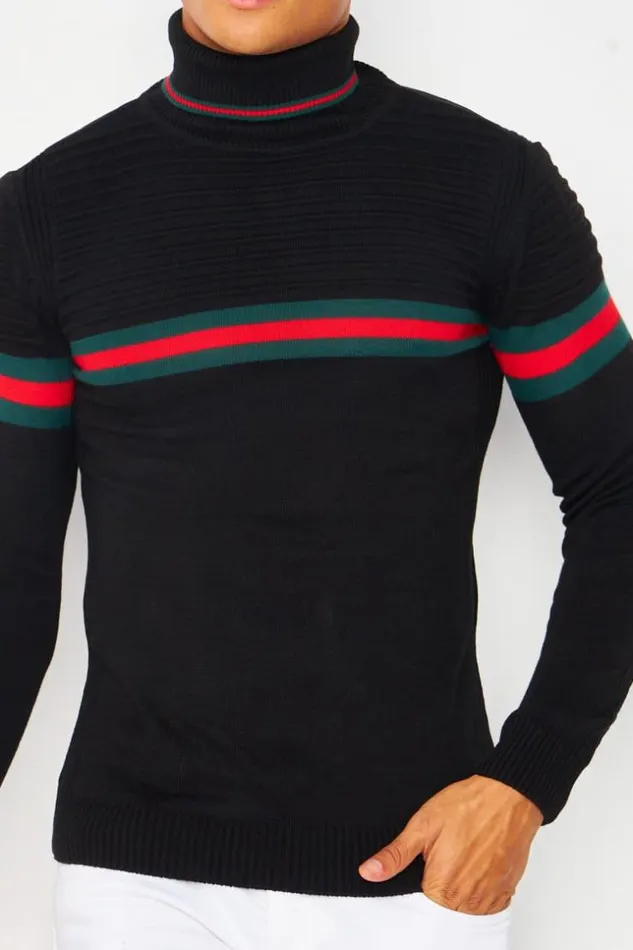 Men Roll Neck Jumper With Tricolour Stripe In Black Black Brentiny Paris Sweatshirts and Pullovers