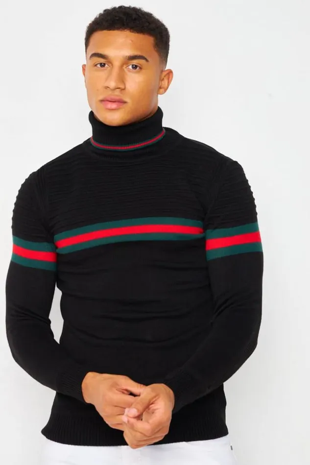 Men Roll Neck Jumper With Tricolour Stripe In Black Black Brentiny Paris Sweatshirts and Pullovers