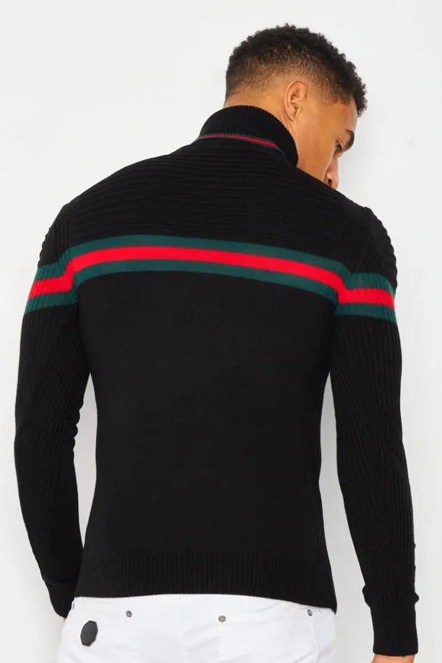 Men Roll Neck Jumper With Tricolour Stripe In Black Black Brentiny Paris Sweatshirts and Pullovers