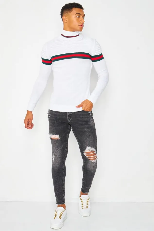 Men Roll Neck Jumper With Tricolour Stripe In White White Brentiny Paris Sweatshirts and Pullovers Men Roll Neck Jumper With Tricolour Stripe In White White Brentiny Paris Sweatshirts and Pullovers