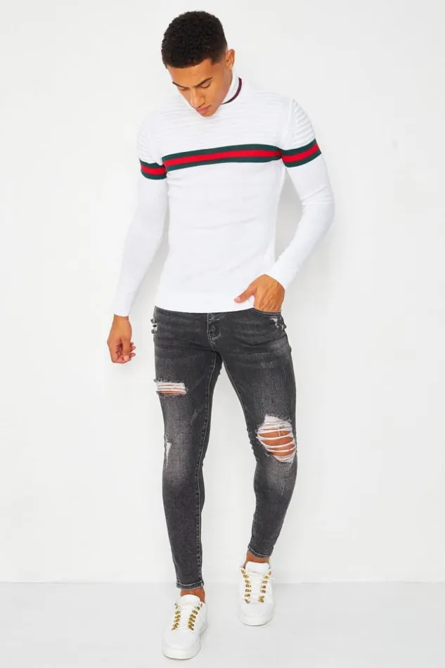 Men Roll Neck Jumper With Tricolour Stripe In White White Brentiny Paris Sweatshirts and Pullovers
