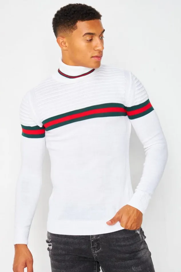 Men Roll Neck Jumper With Tricolour Stripe In White White Brentiny Paris Sweatshirts and Pullovers