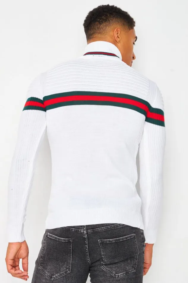 Men Roll Neck Jumper With Tricolour Stripe In White White Brentiny Paris Sweatshirts and Pullovers