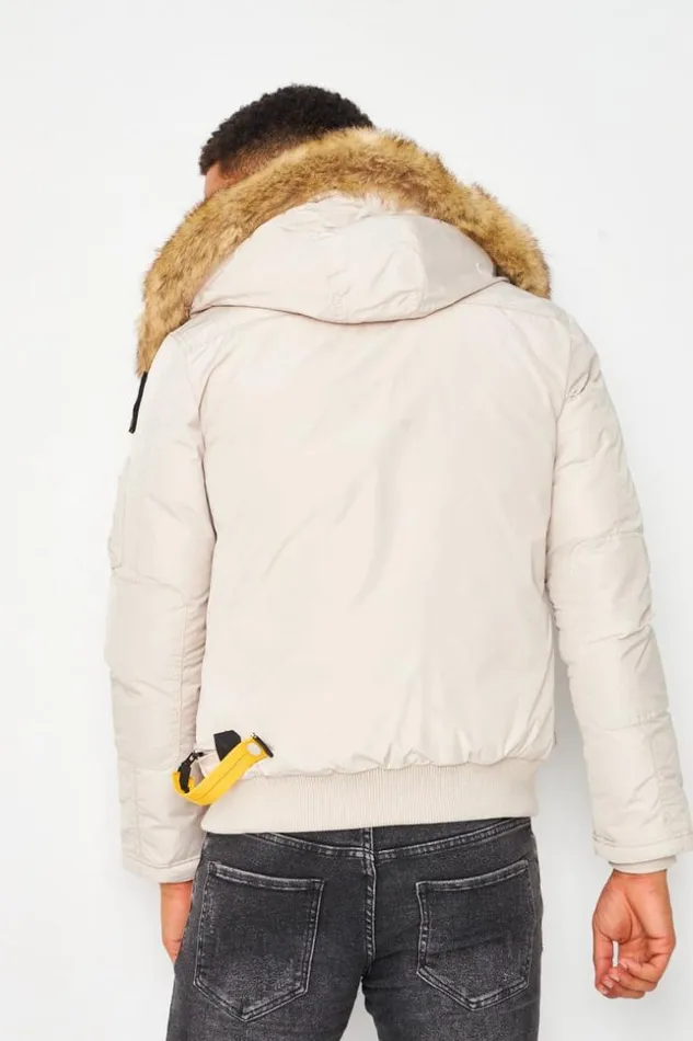 Men Short Parka Jacket With Faux Fur Hood And Multi Pockets In Beige Beige Brentiny Paris Parkas And Down Jackets