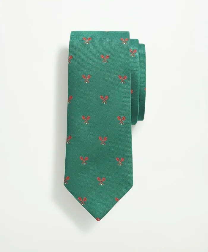 Men Silk Tennis Racquet Pattern Tie Green Brooks Brothers Ties and Pocket Squares