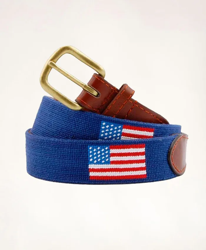 Men Smathers and Branson Leather Needlepoint American Flag Belt Multi Brooks Brothers Belts