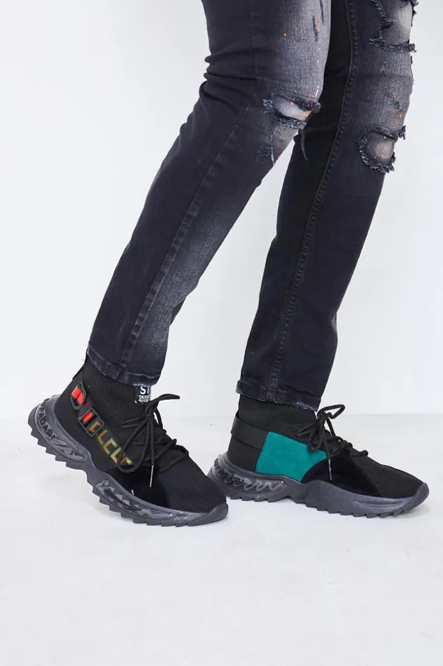 Men Sock Trainers In Black With Green Detail Black Brentiny Paris Sneakers