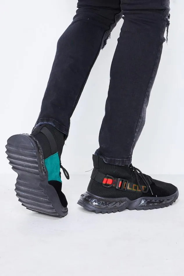 Men Sock Trainers In Black With Green Detail Black Brentiny Paris Sneakers
