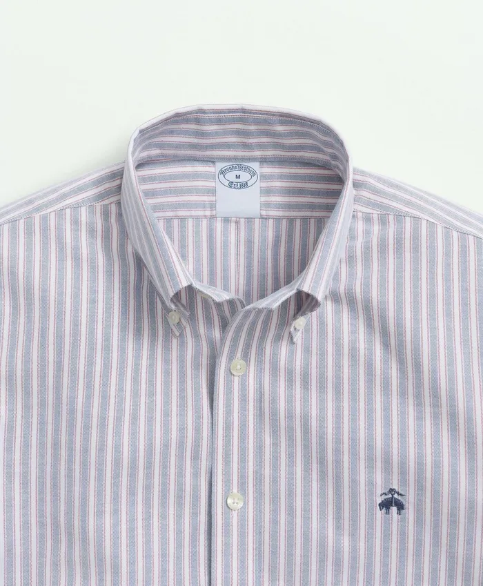 Men Stretch Cotton NonIron Oxford Polo ButtonDown Collar Outline Striped Shirt Navy Brooks Brothers Sport Shirts