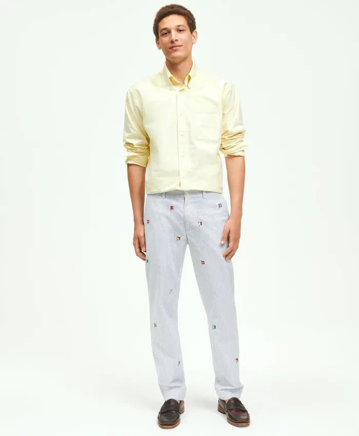 Men Stretch Cotton Seersucker Flag Embroidered Chino Pants Blue Brooks Brothers Chinos and Casual Pants