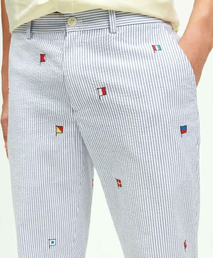 Men Stretch Cotton Seersucker Flag Embroidered Chino Pants Blue Brooks Brothers Chinos and Casual Pants