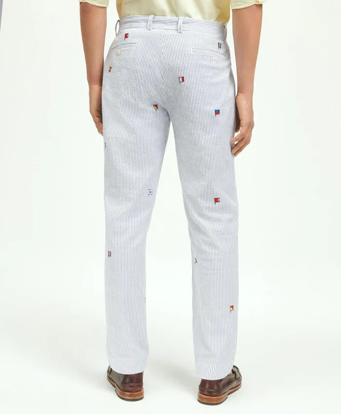 Men Stretch Cotton Seersucker Flag Embroidered Chino Pants Blue Brooks Brothers Chinos and Casual Pants