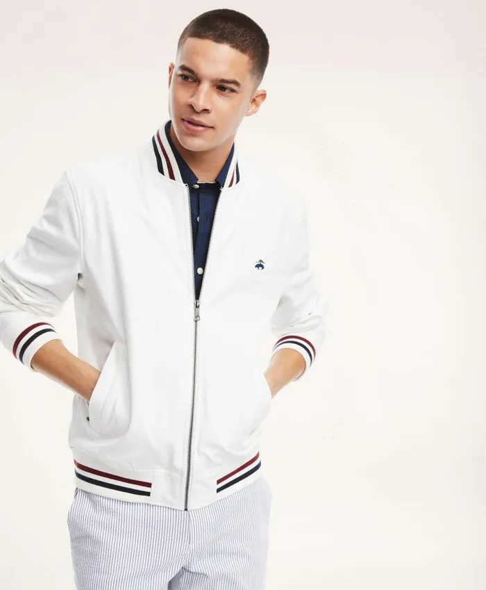 Men Stretch Cotton Tennis Bomber Jacket White Brooks Brothers Coats and Jackets