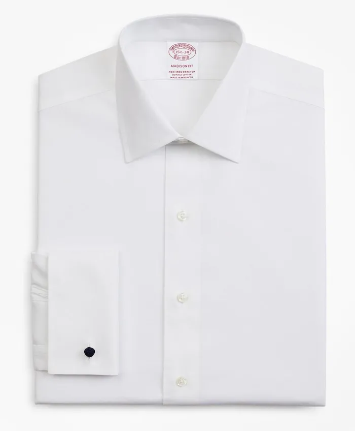 Men Stretch Madison RelaxedFit Dress Shirt NonIron Pinpoint Ainsley Collar French Cuff White Brooks Brothers Dress Shirts