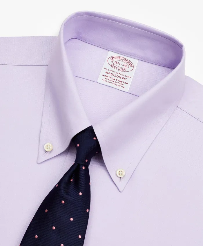 Men Stretch Madison RelaxedFit Dress Shirt NonIron Twill ButtonDown Collar Lavender Brooks Brothers Dress Shirts